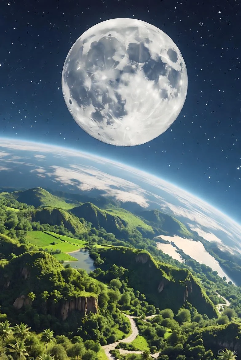A surreal image of Earth from space with a large, bright full moon in the sky above green, mountainous landscape.