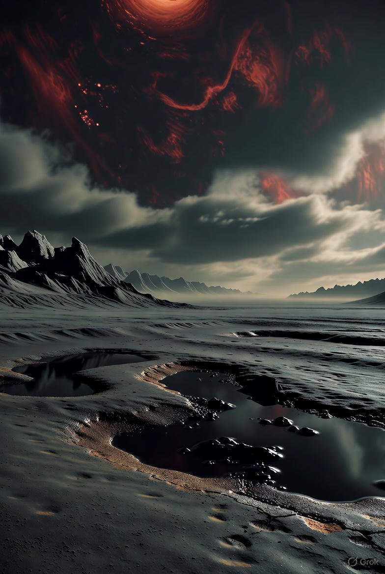 A dark, desolate landscape with rugged mountains, small lakes or ponds, and a stormy sky with red and black swirling clouds.