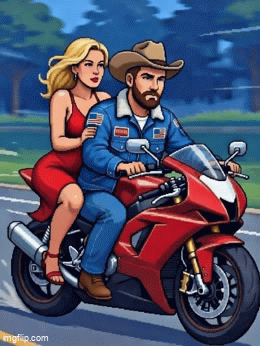 A man in a cowboy hat and a woman in a red dress riding a red motorcycle together on a road at night.