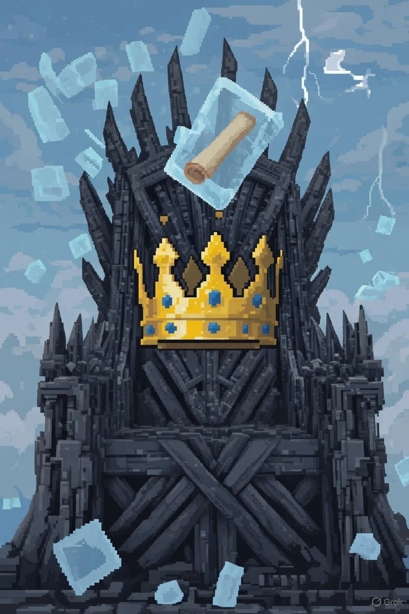 A pixel art image of the Iron Throne from Game of Thrones, with a golden crown placed on top, against a stormy sky with lightning and ice cubes.