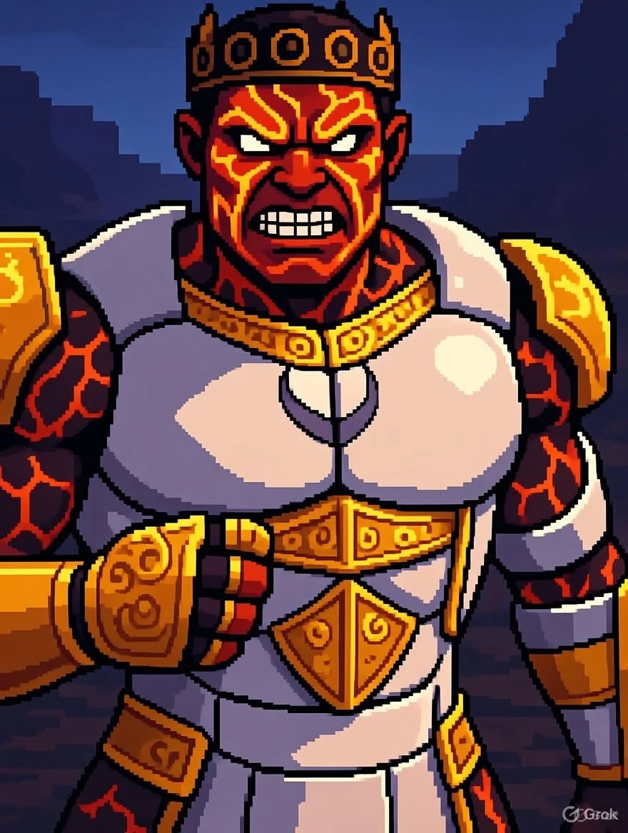 Pixel art depiction of a fierce warrior with fiery red and orange face, wearing a silver and gold armor with intricate designs, gold crown, and clenched fist.