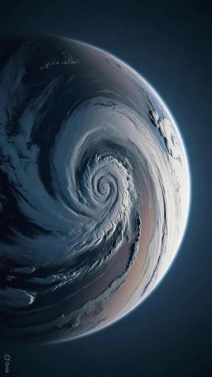 View of Earth from space showing a swirling hurricane over the ocean.