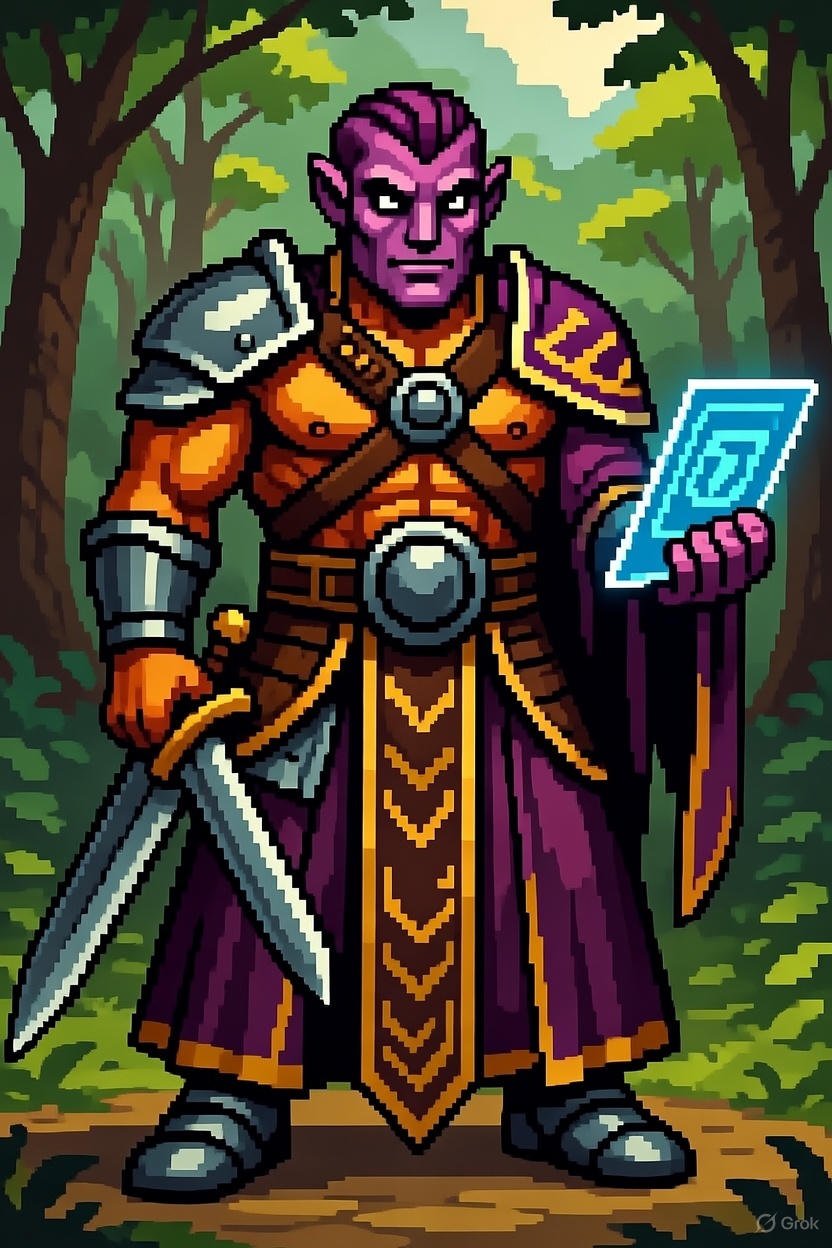 Pixel art depiction of a purple-skinned elf warrior in a forest, holding a sword in one hand and a glowing blue map in the other, wearing armor and a purple cloak.