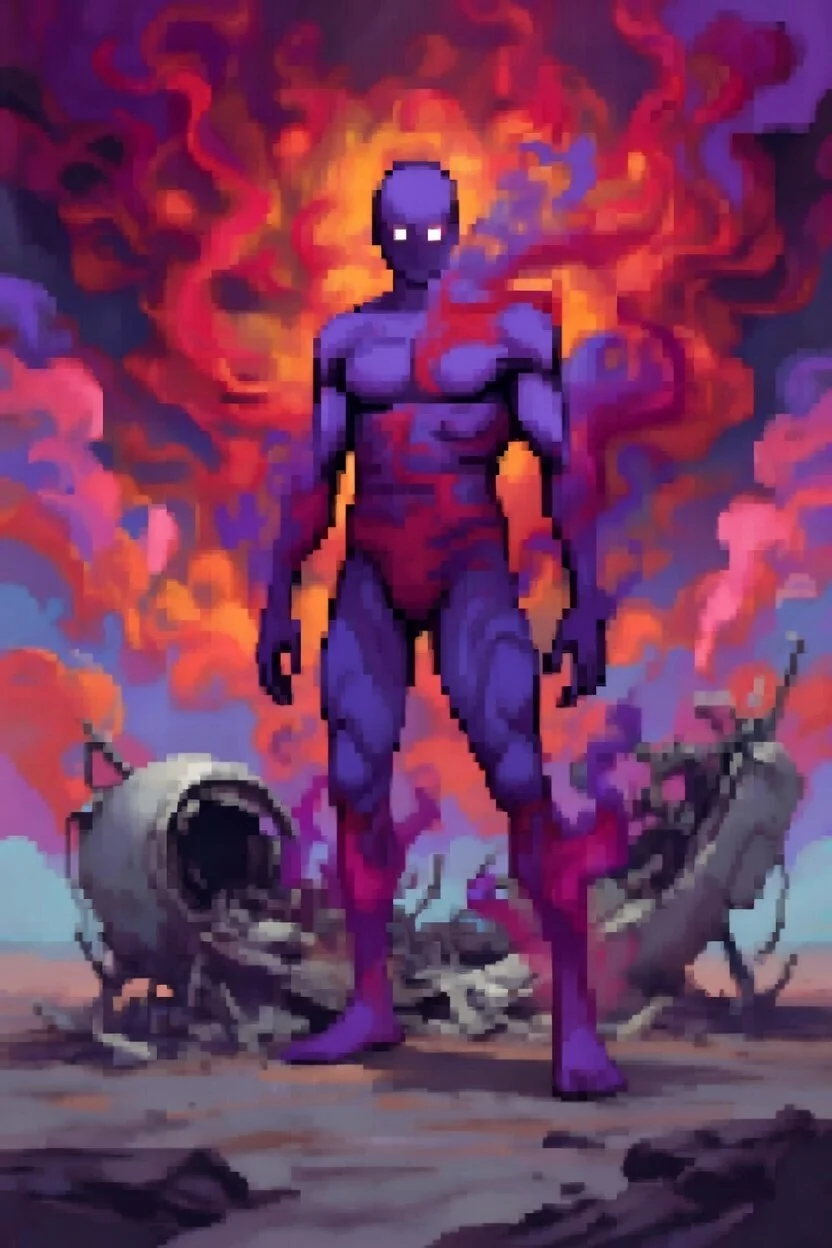 Pixel art style illustration of a purple demon standing amidst wreckage, with a fiery, smoky background and glowing white eyes.