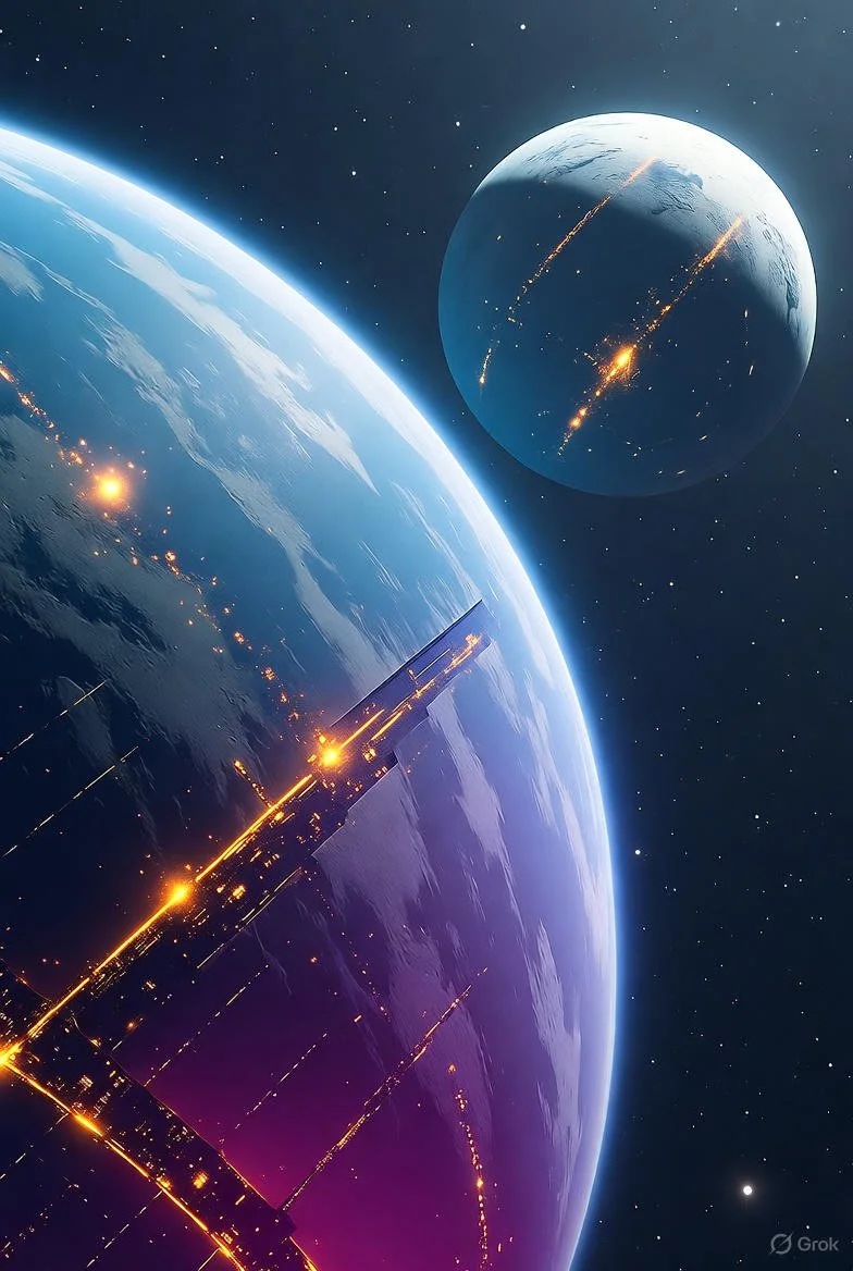 View of Earth from space with city lights visible and a smaller moon or planet in the background, starry sky surrounding them.