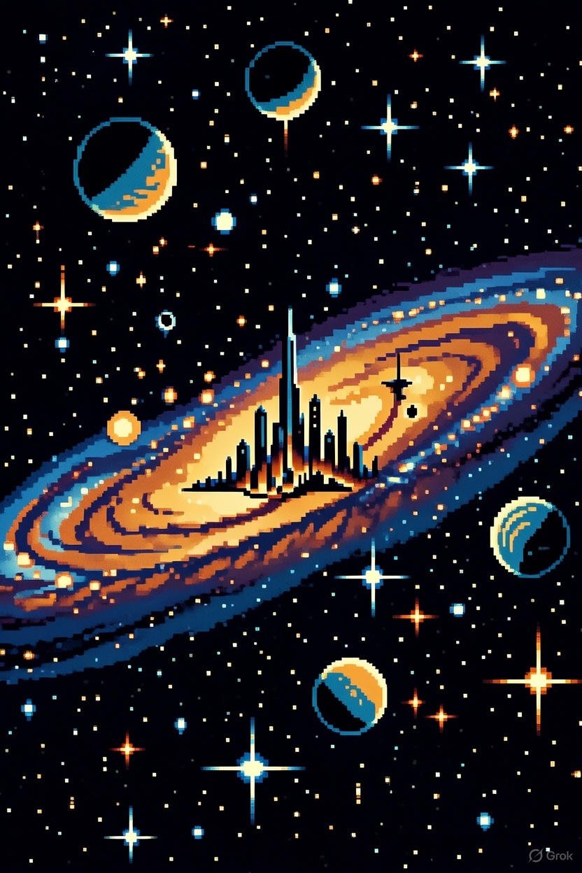 A pixel art depiction of a galaxy with a colorful, swirling spiral shape, surrounding a futuristic city skyline at the galaxy's core, with planets and stars scattered throughout the starry background.