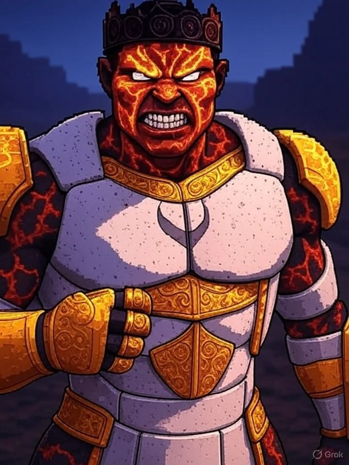 A fierce animated warrior with fiery red skin and glowing cracks, wearing white and gold armor with ornate designs, holding a clenched fist, and standing in a dark landscape.