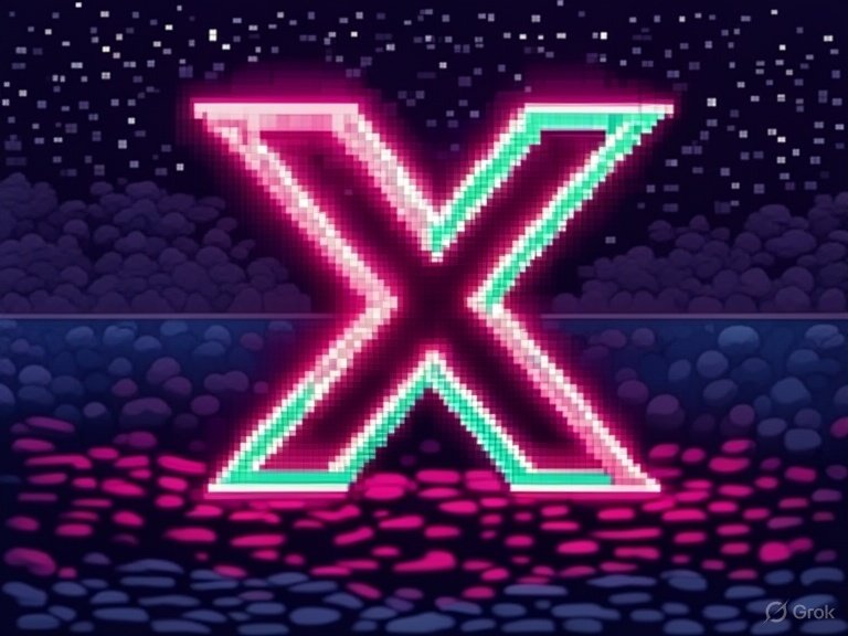 A neon digital art depiction of the letter 'X' glowing in pink, green, and white colors, set against a dark starry background with water and abstract shapes.