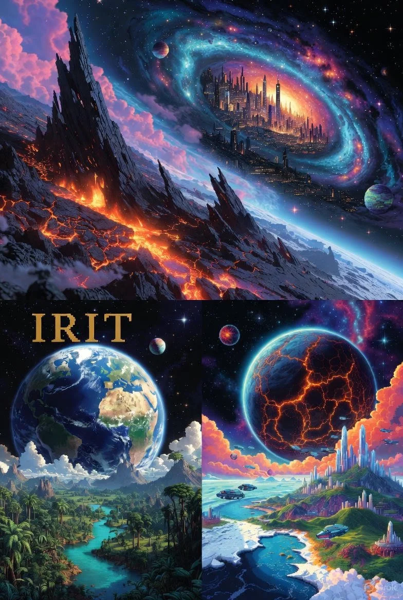 A collage of fantastical cosmic scenes, including a futuristic city floating in space with swirling galaxies, a planet with fiery cracks, and a lush landscape on a different planet with a large planet in the sky, accompanied by the word 'IRIT'.