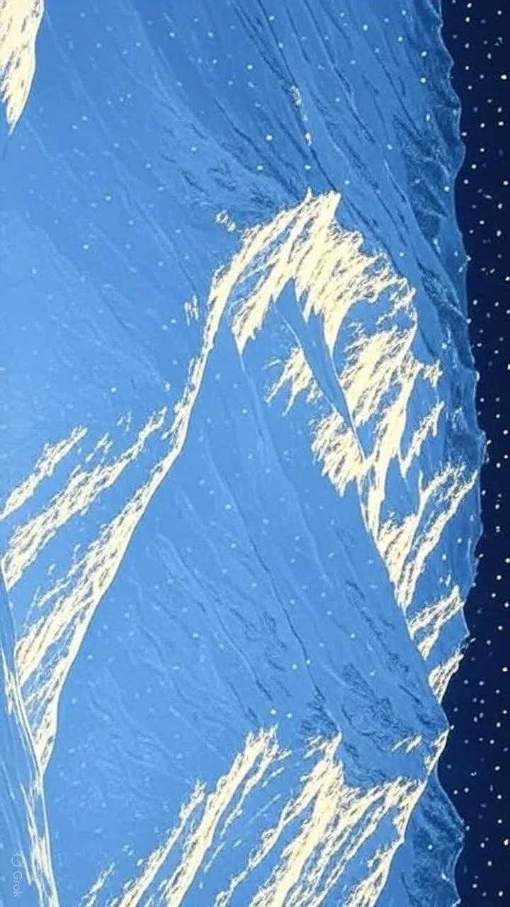 Digital illustration of snowy mountain peaks under a starry night sky.