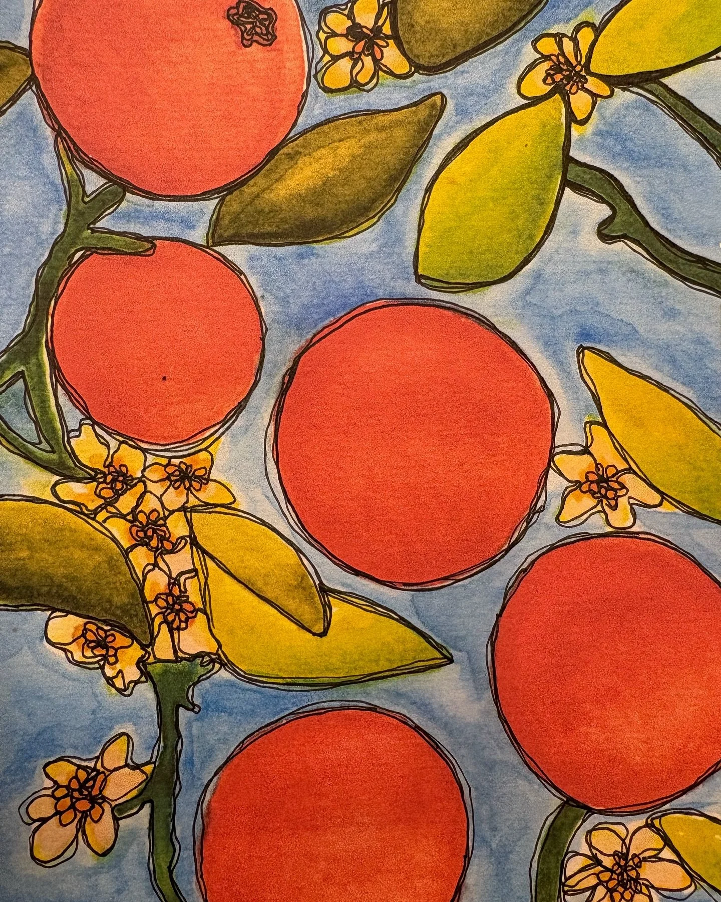 Watercolor practice🍊 

Scanned vs actual painting ~ I scanned &amp; printed the painting as I wanted to do some line art. 
I did not want to ruin the actual work though so I decided to print it &amp; allow myself to go crazy

⭐️What do you think? Do