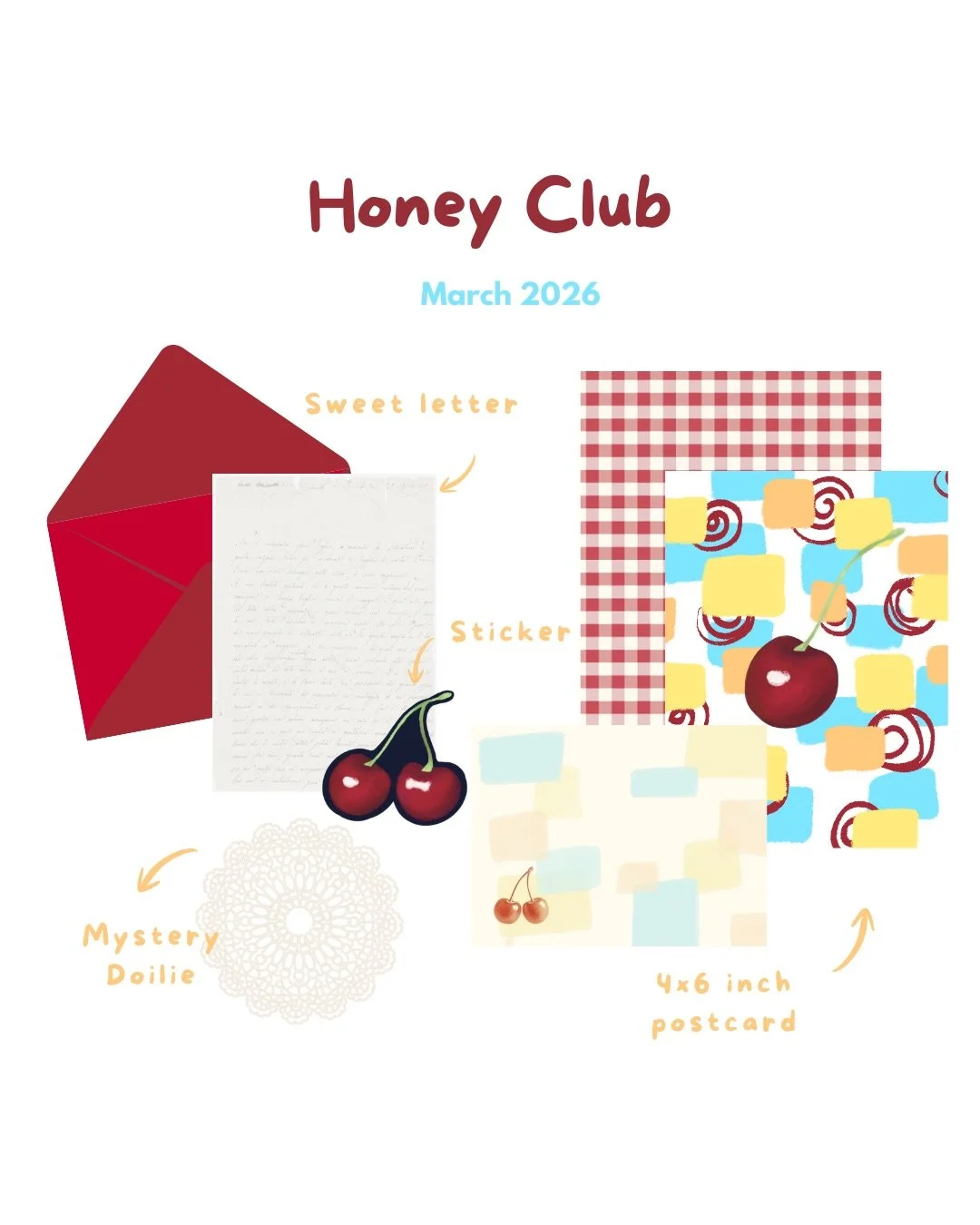 Honey Club March 2026⭐️🍒

Check out the latest designs for Honey Club a snail mail club❤️ this upcoming month it&rsquo;s all about cherries &amp; plaid patterns, I&rsquo;ve done a few upgrades to the mail and hope you like them as much as I do.

⭐️W
