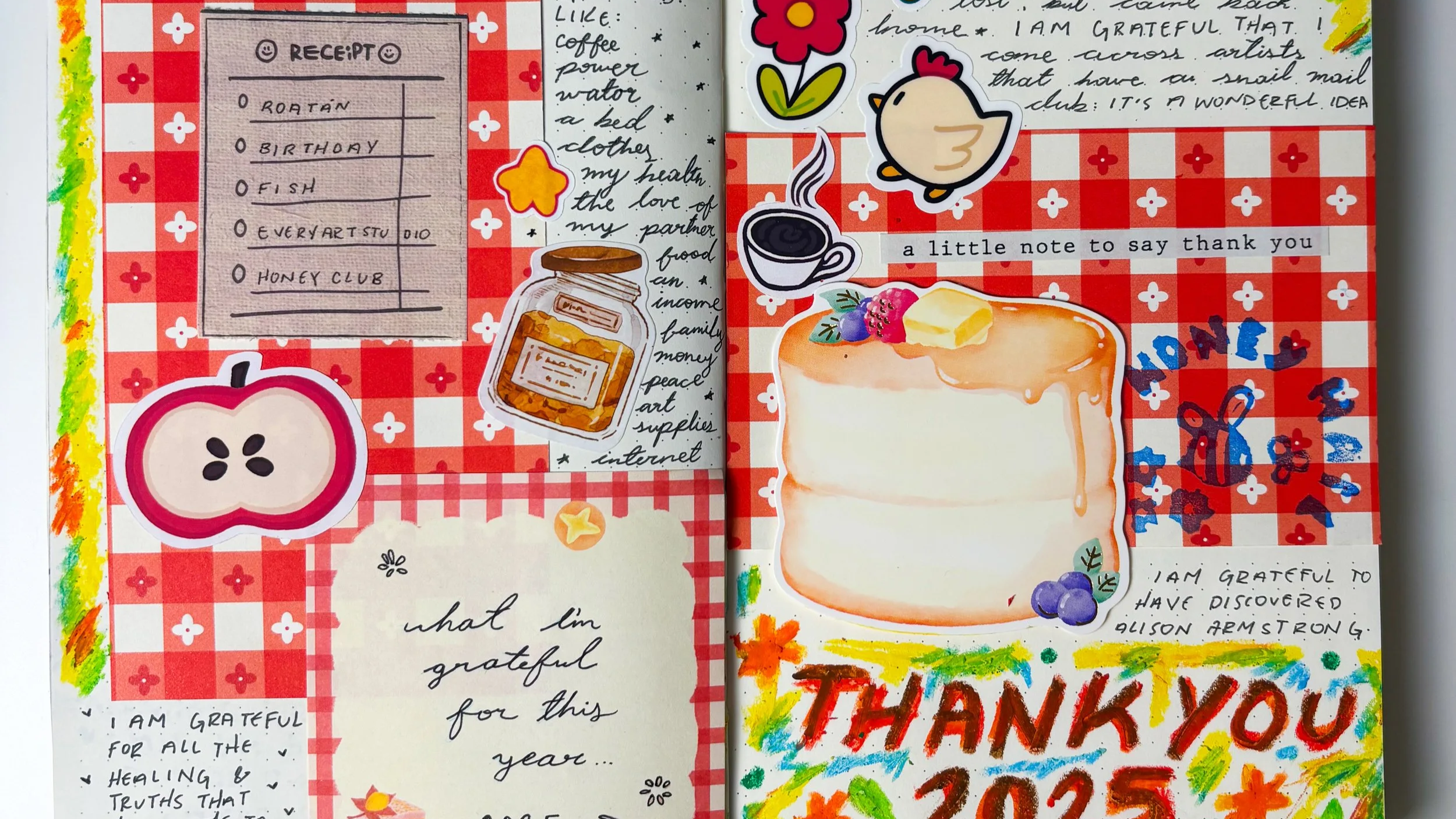 A colorful scrapbook page with stickers, drawings, and handwritten notes. It features a receipt, a jar of honey, a cut-out apple, a cake illustration, and a caption thanking someone. The background has a red and white checkered pattern with decorative borders.
