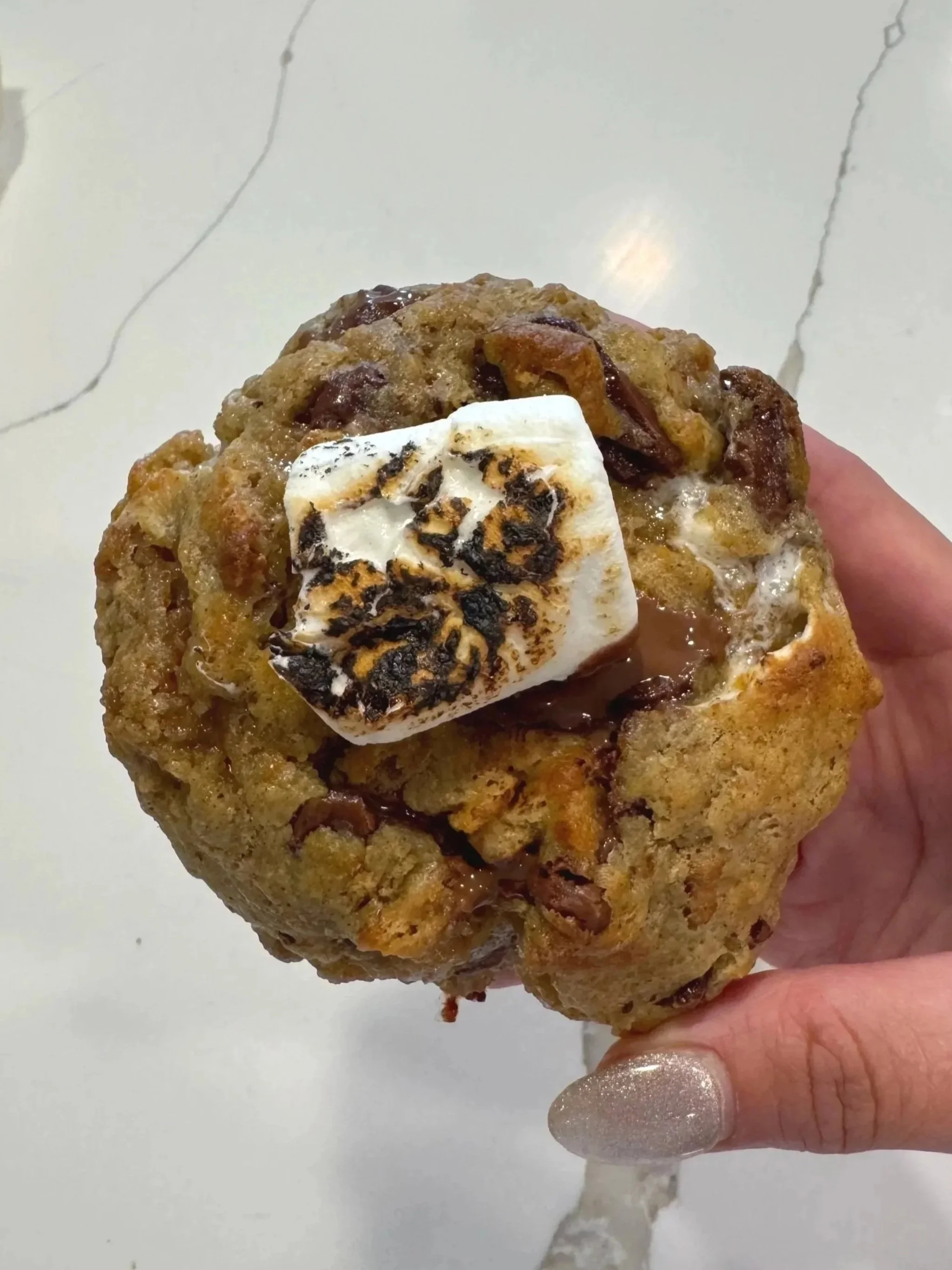 Close-up of a large chocolate chip cookie topped with a toasted marshmallow, held in a person's hand over a white marble countertop.