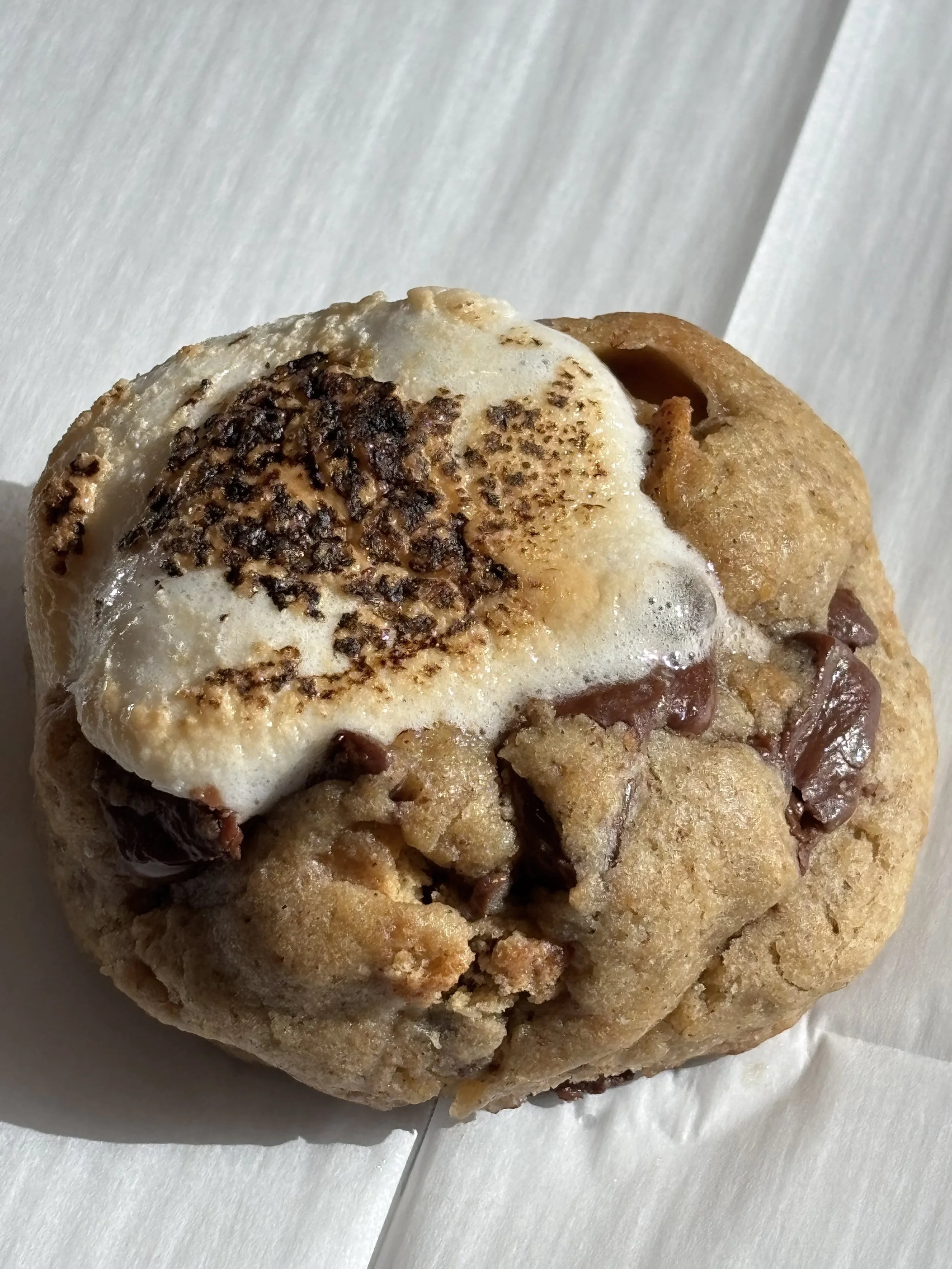 Close-up of a large chocolate chip cookie topped with a toasted marshmallow, held in a person's hand over a white marble countertop.