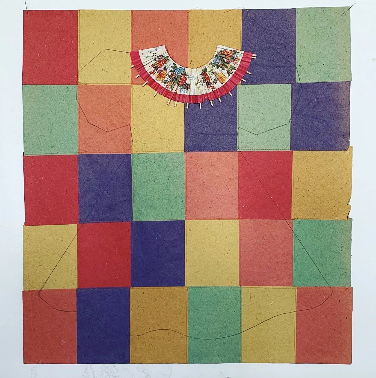  CHINESE COLLAR DRESS  
 Colored paper, deconstructed paper parasol, charcoal pencil, stitching 
31" x 28”  
2019 
 
