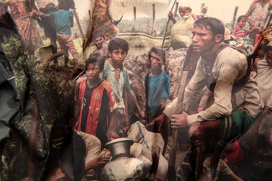  NEW YORK TIMES LITTLE DRESS VIII   detail   Newsprint and sewing thread  31” x 13”  2019  