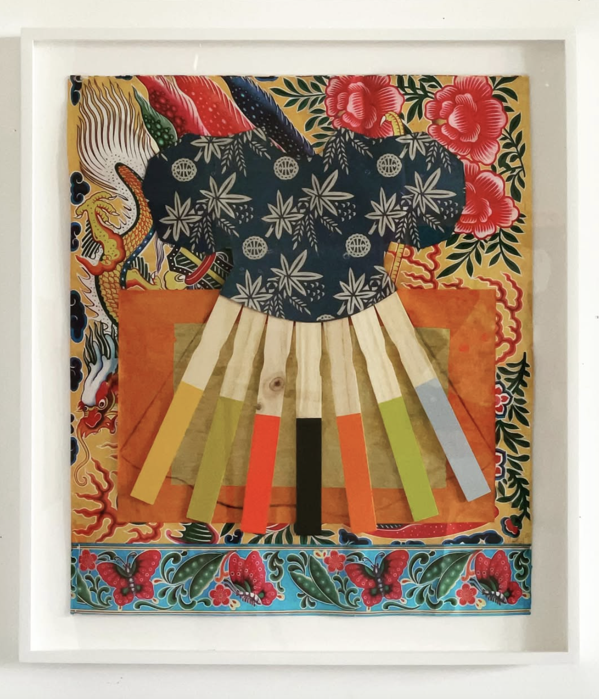  MULTICULTURAL DRESS  
 Mexican & Chinese papers, painted paint sticks, charcoal pencil  
27” x 23”  
2021 
 