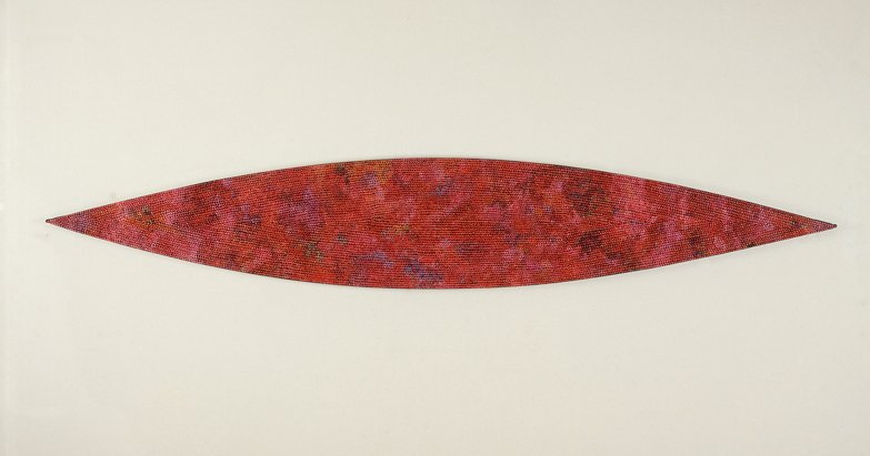  PAINTED RED    Oil paint on black beans, canvas  18" X 108"  1989  