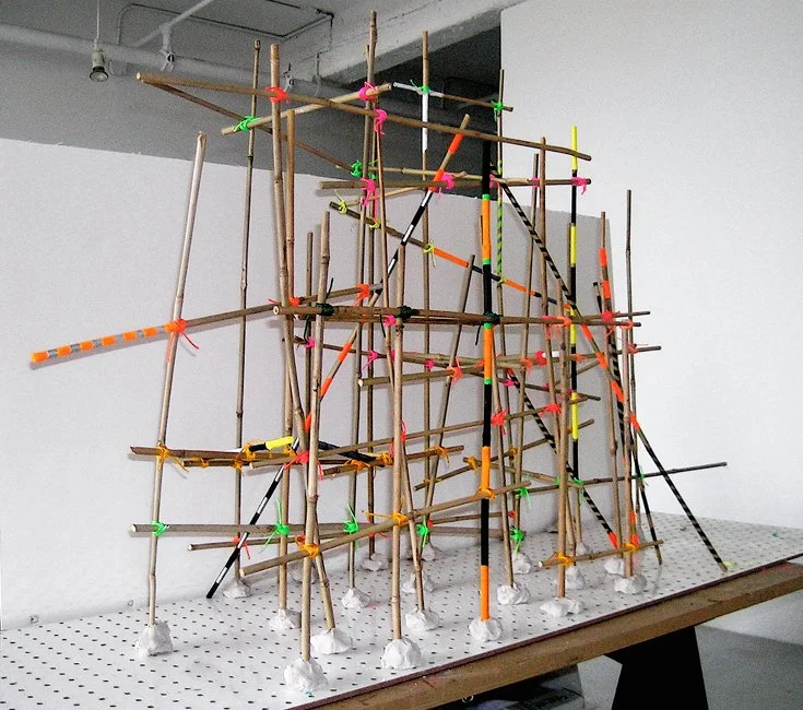 Oblique view,  MODEL FOR OUTDOOR SCAFFOLD    Bamboo, acrylic paint and colored thread  36" X 28"   2011   