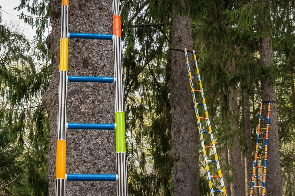  SIX LADDERS  detail 
Katonah Museum of Art Sculpture Garden 
Bamboo and alkyd enamel paint 
Ladders, 20' X 3'  
2013 
 