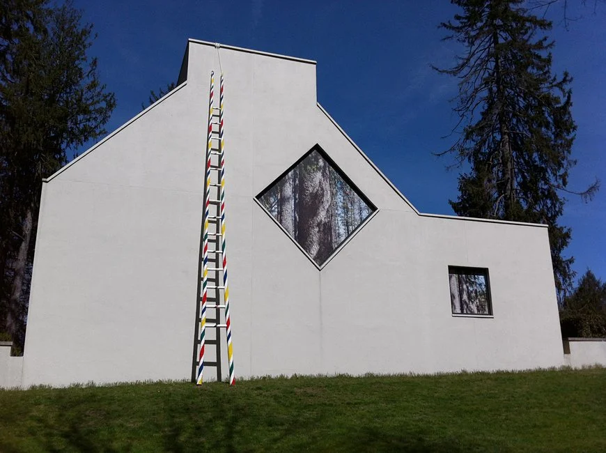  SIX LADDERS   oblique view 
Bamboo and alkyd enamel paint and photo enlargements  
Ladder, 30' X 4' and  photos, 9' X 9' and 5' X 5'  
2013 
 