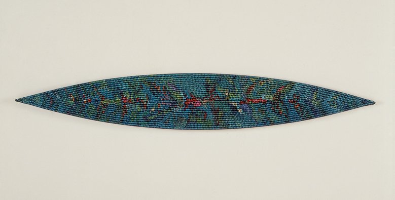  PAINTED BLUE    Oil paint on black beans, canvas  10" X 64"  1988  