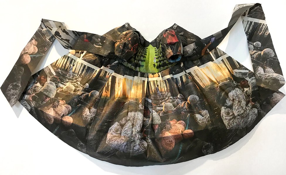  NEW YORK TIMES LITTLE DRESS XI    Newsprint and sewing thread  14” x 31”  2019  