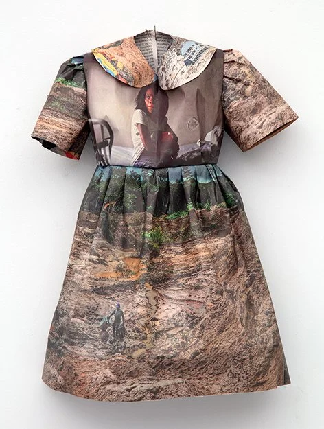  NEW YORK TIMES LITTLE DRESS II    Newsprint and sewing thread  20” x 13”  2018  