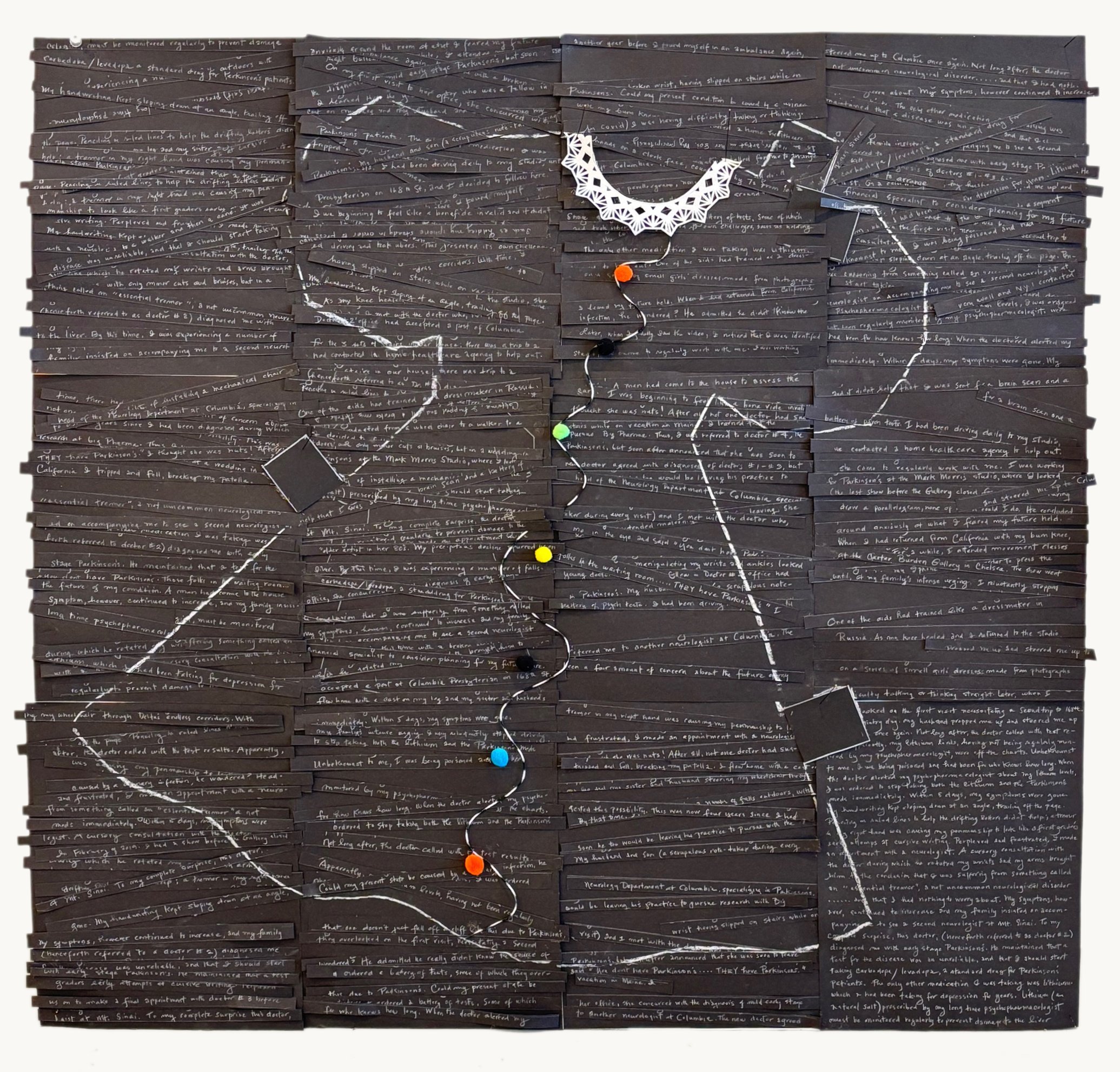  POM-POM TALES ONCE MORE  
 Paper, string, chalk, pom-poms 
33” X 34”  
2021  