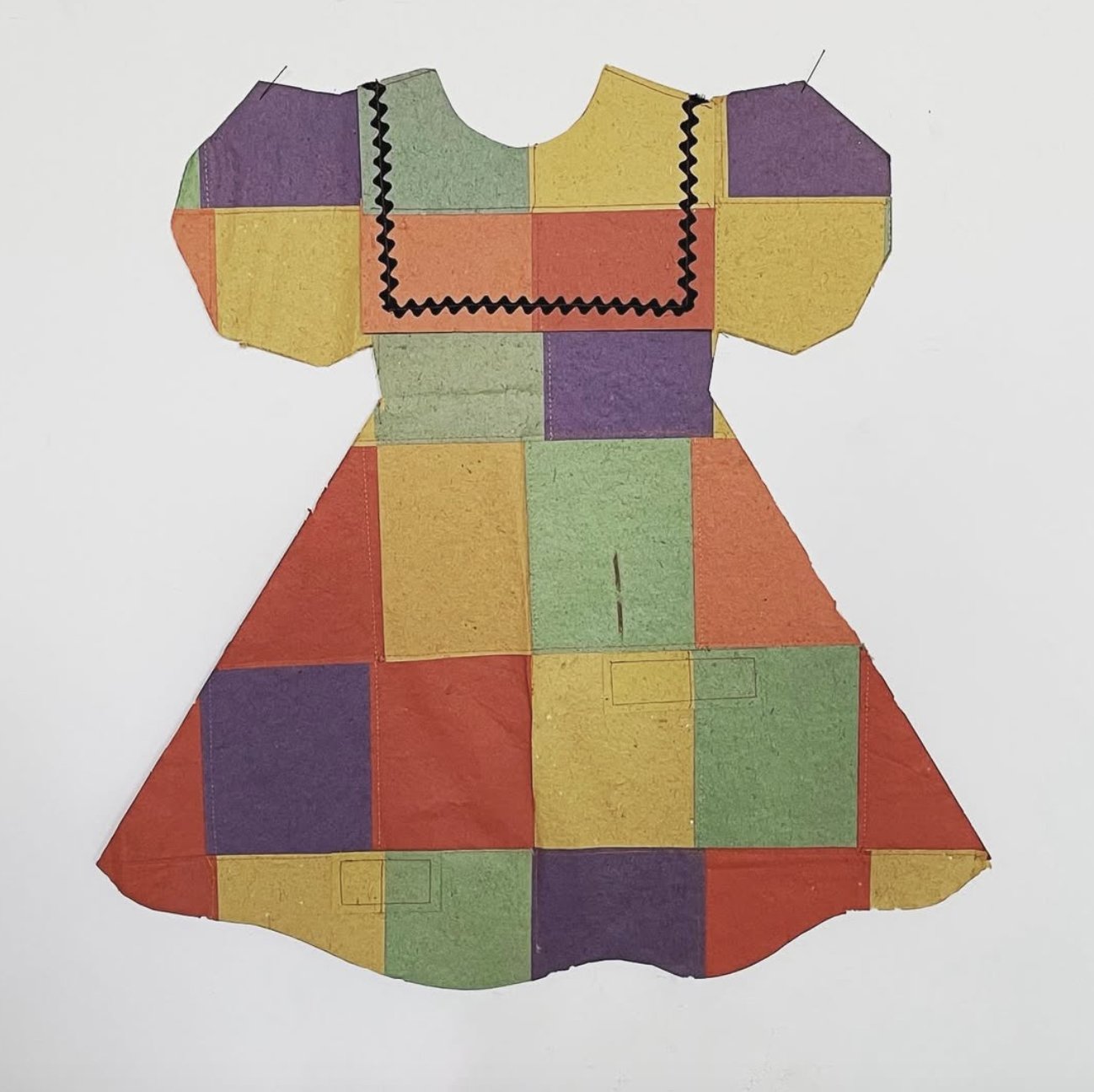  RICKRACK DRESS  
 Colored paper, rickrack, charcoal pencil, stitching 
31” x 28”   
2019 
 