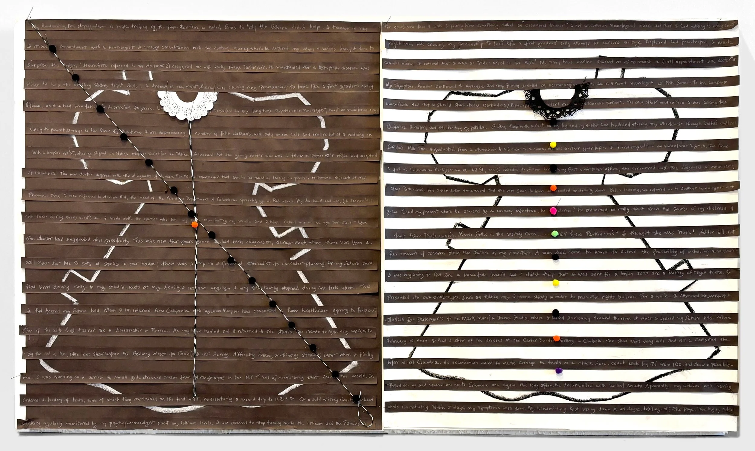  POM-POMS TELL THE TALE  
 Paper, pom-poms, string, chalk, doily 
36" X 59"  
2022  