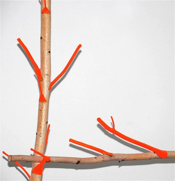 Detail,  ORANGE SWING    Acrylic paint, birch and cord balanced with no fastenings  68" X 12" X 84"  2007   