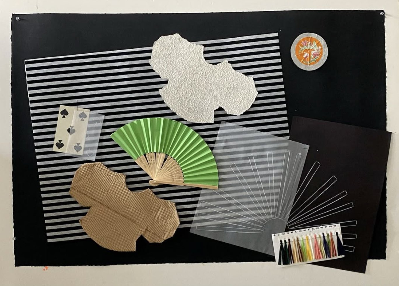  SAME SAME BUT DIFFERENT IX  
 Various papers, playing cards, tassels, fan, colored pencil 
31”x 44”  
2022 
 
