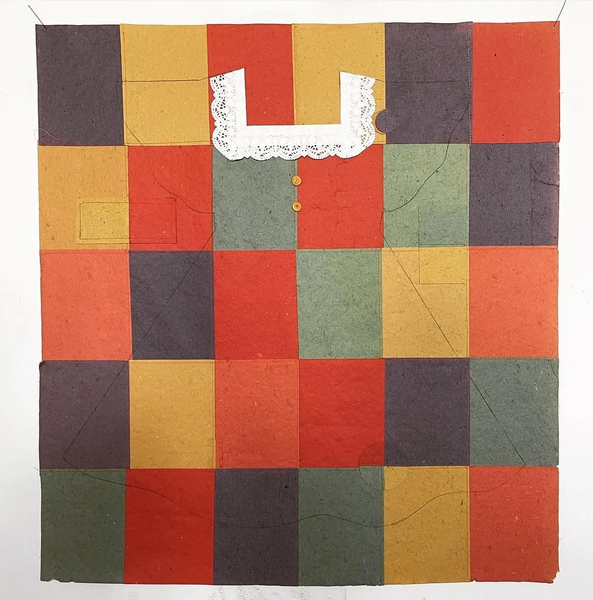  DOILY DRESS  
 Colored paper, paper doily, buttons, charcoal pencil, stitching 
31” x 28”  
2019 
 