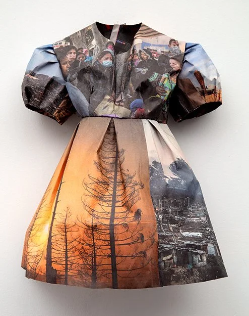  NEW YORK TIMES LITTLE DRESS III    Newsprint and sewing thread  20” x 13”  2018  