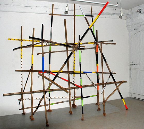  MODEL FOR SCAFFOLD    bamboo, acrylic paint and rope  9' X 9'   2011  