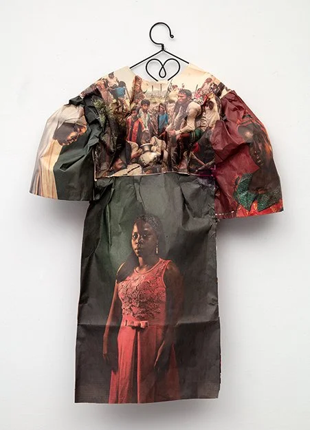  NEW YORK TIMES LITTLE DRESS VIII    Newsprint and sewing thread  31” x 13”  2018  