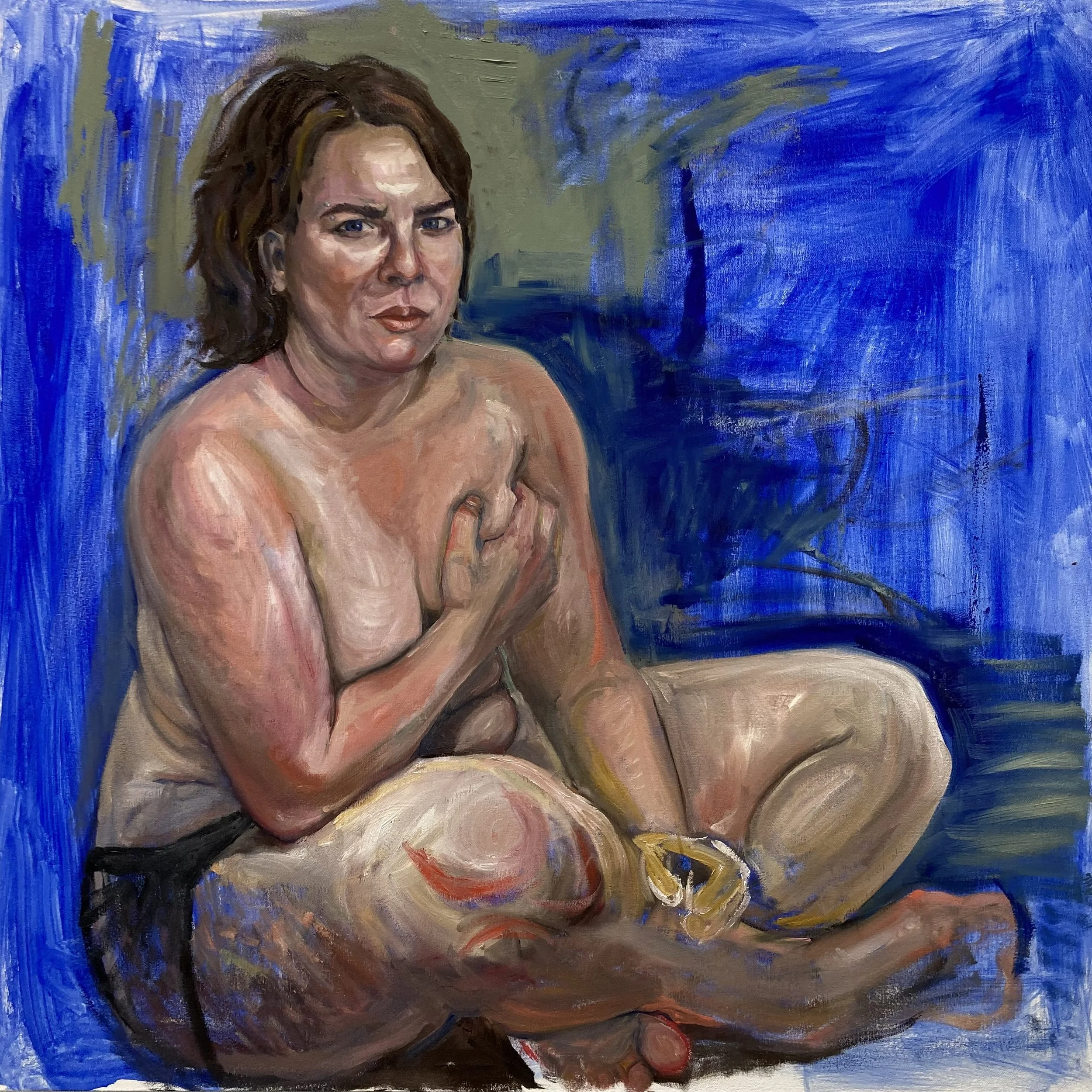 Self-Portrait in Blue, 36" x 36", oil on canvas, 2024