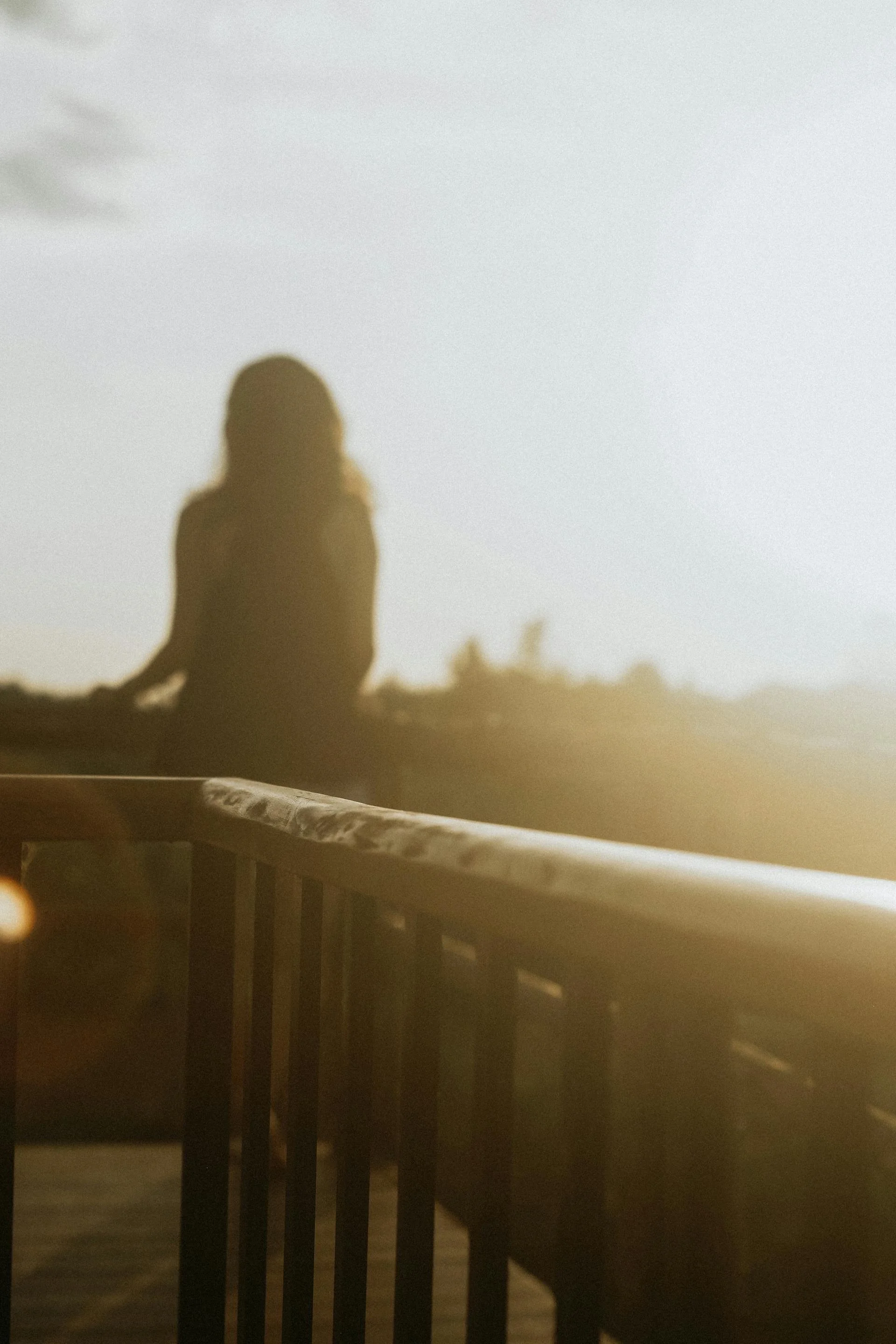 A silhouette of a woman sitting on a railing during sunset with a warm, golden glow and distant trees in the background.
