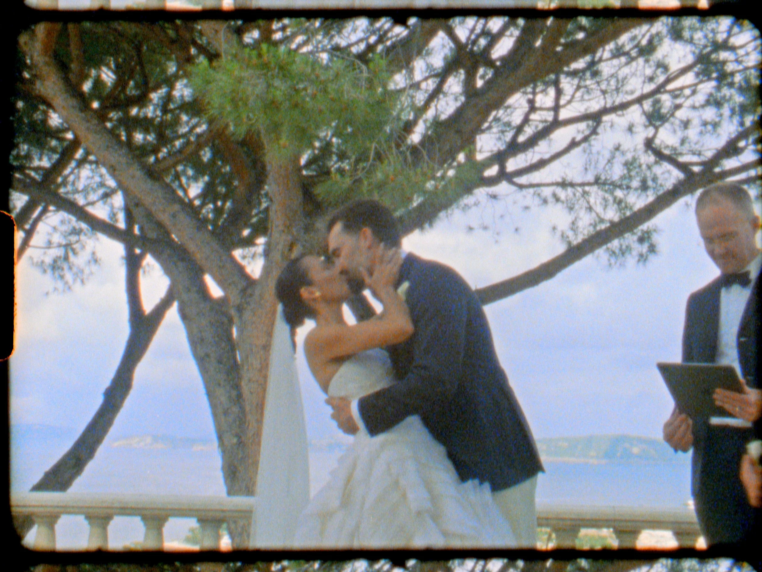 A wedding ceremony outdoors with a couple kissing under a large tree, a woman in a wedding dress and a man in a tuxedo, with an officiant holding a book nearby.