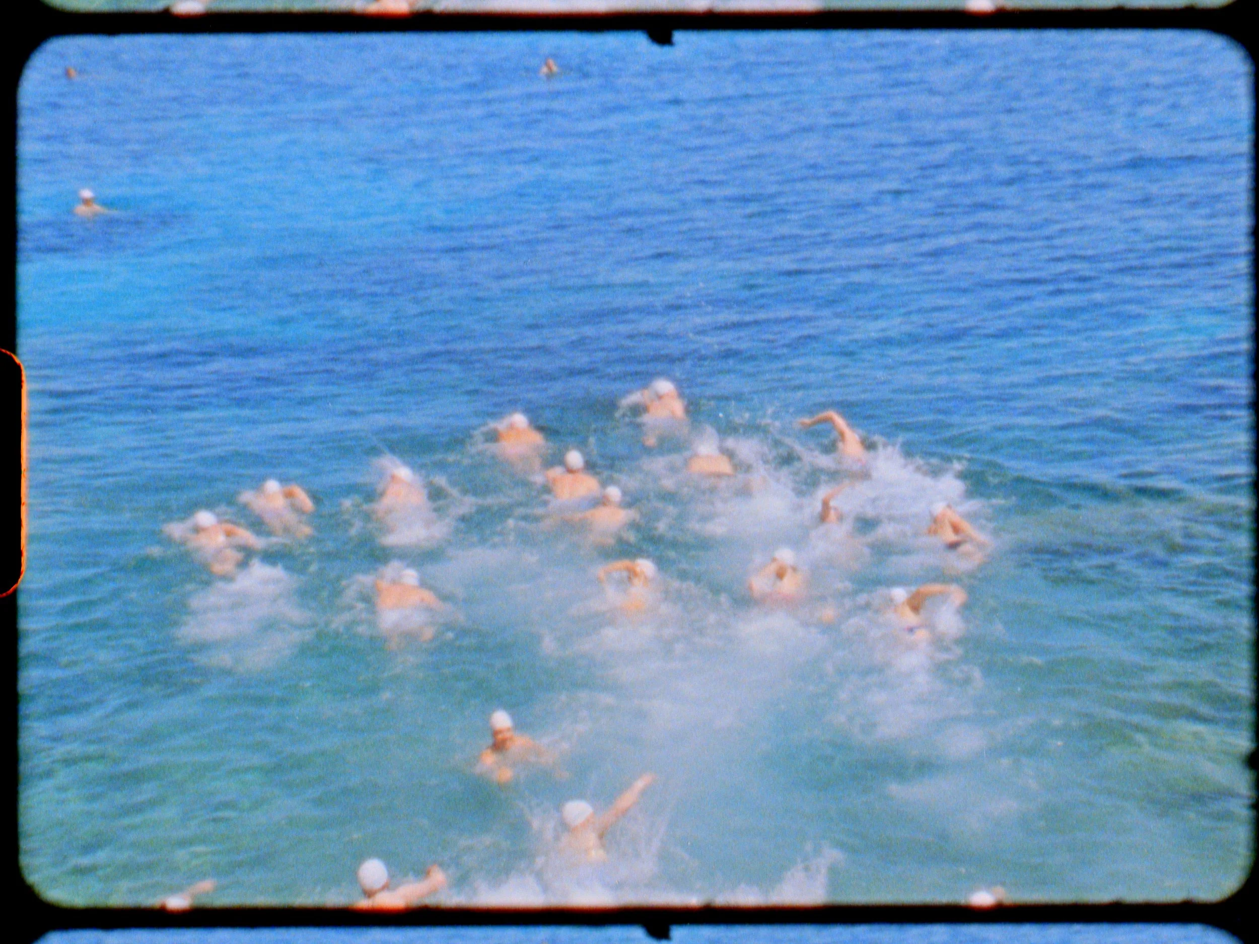 A group of swimmers in an open water race wearing white swim caps, swimming towards the horizon in a body of water.