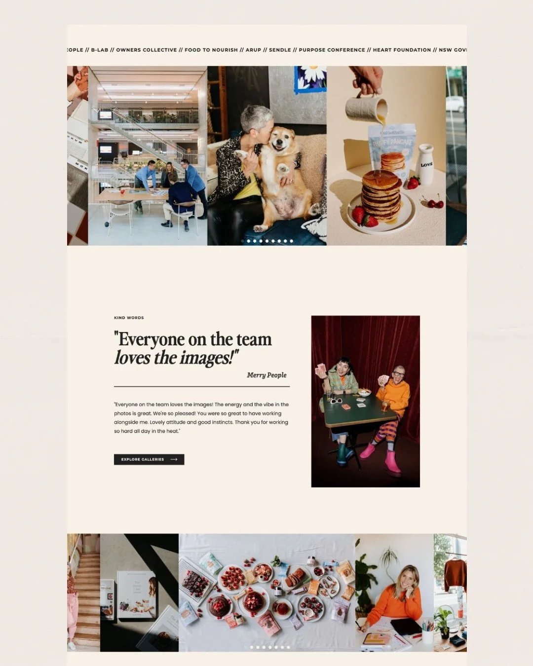 Showit Website Design for Elin Bandmann Photography. Collage of photos from a team event showing people working together, a woman with a dog, a stack of pancakes, people at a table, and desserts.