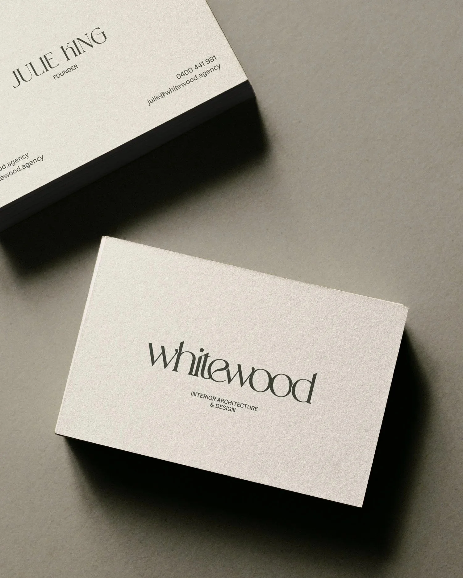 Business card for Julie King, founder of Whitewood. Contact info includes phone number 0400 441 981 and email julie@whitewood.agency. The card emphasizes interior architecture and design.