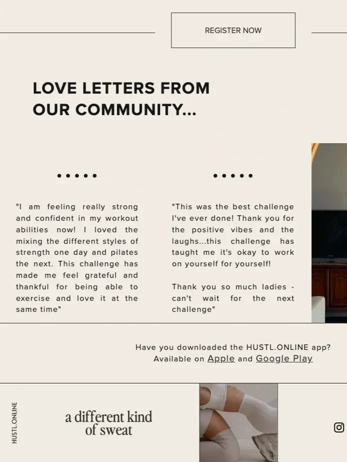 Email Marketing Design showcasing love letters from community members, featuring two testimonials about fitness challenges, promoting the HUSTL.ONLINE app available on Apple and Google Play, with a photo of a person in workout attire.