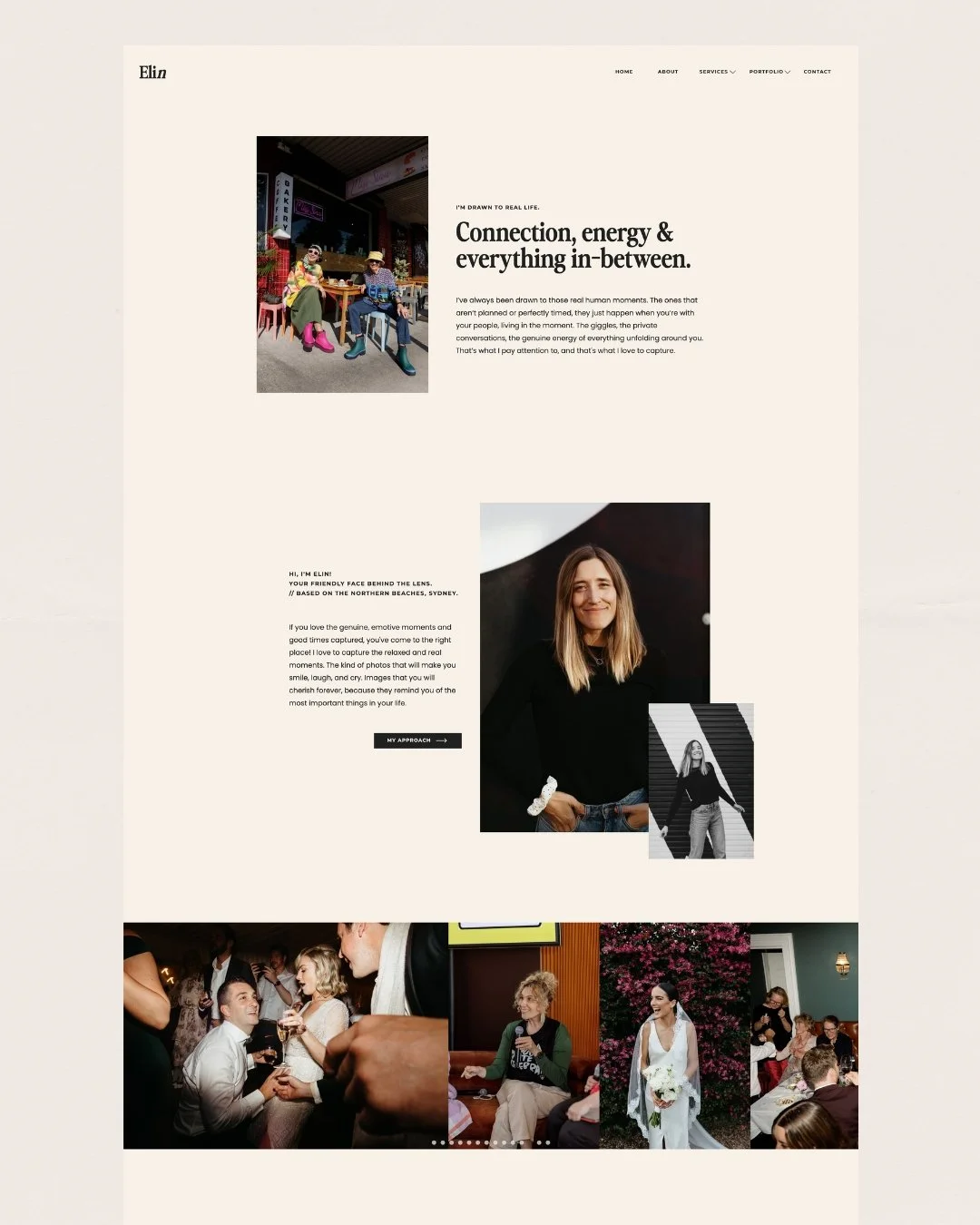 Showit Website Design for Elin Bandmann Photography. A webpage layout featuring a personal photography and portrait service. The page includes images of people at social events, a professional portrait, and a woman with long hair smiling.