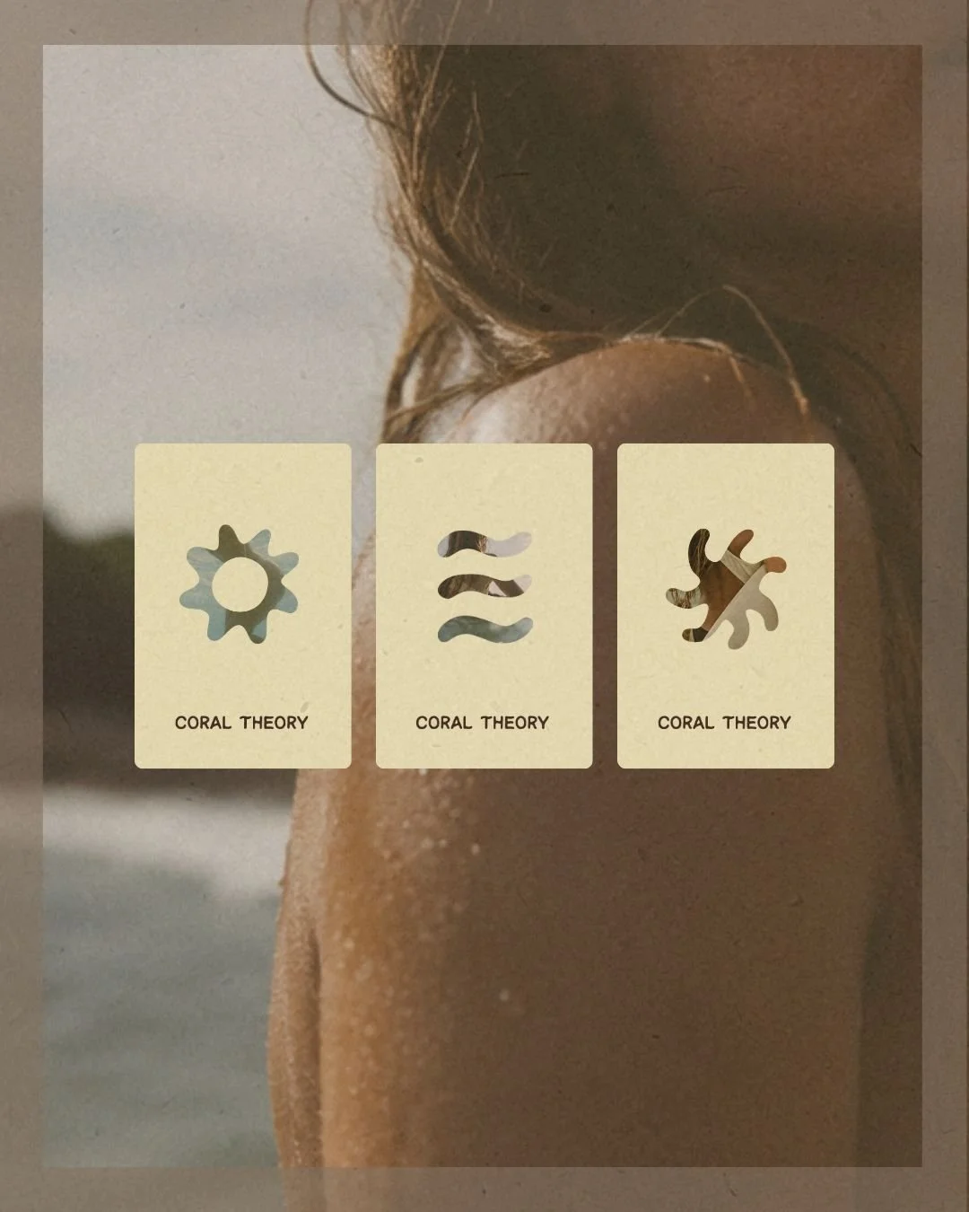 Brand Design for surfwear label showing three playing cards with cut-out gear, wavy, and abstract shapes, all labeled 'Coral Theory', over a background of a person's shoulder and hair.