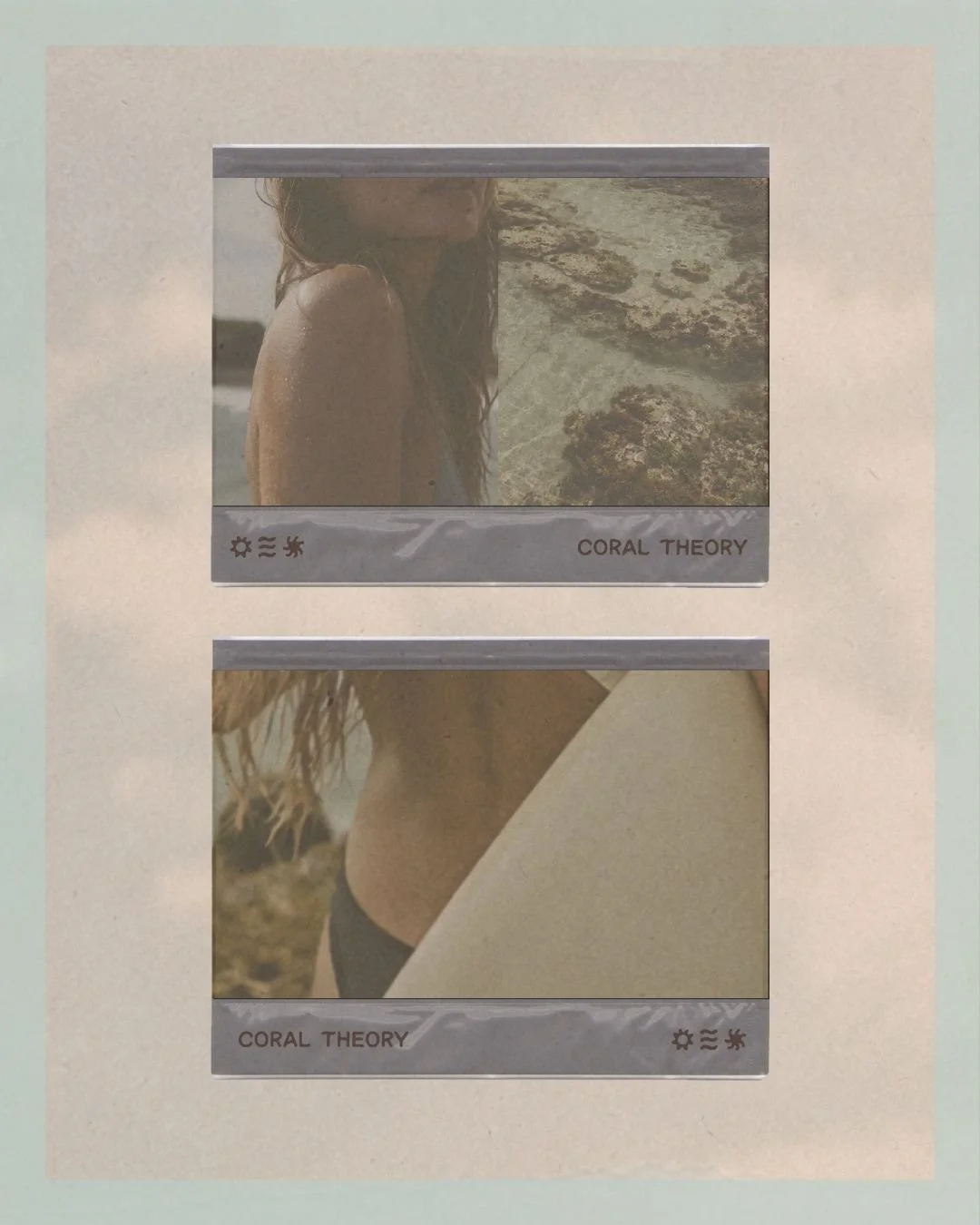 Brand Design. Two Polaroid-style photographs of a woman at the beach, with a sandy and rocky background. The photos are labeled "CORAL THEORY."