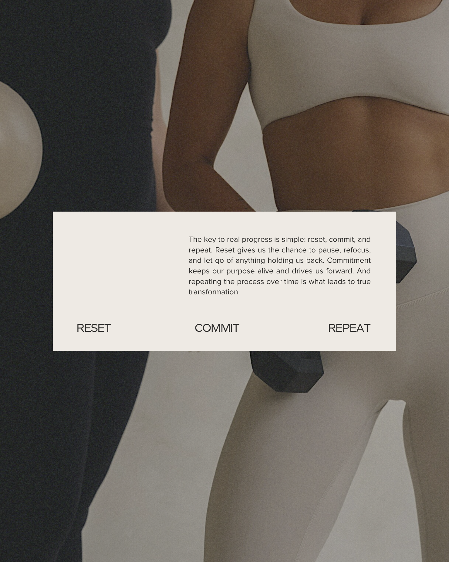 Social Media Graphic Design of athletic women in workout clothes lifting dumbbells with a motivational message about progress, reset, commit, and repeat.