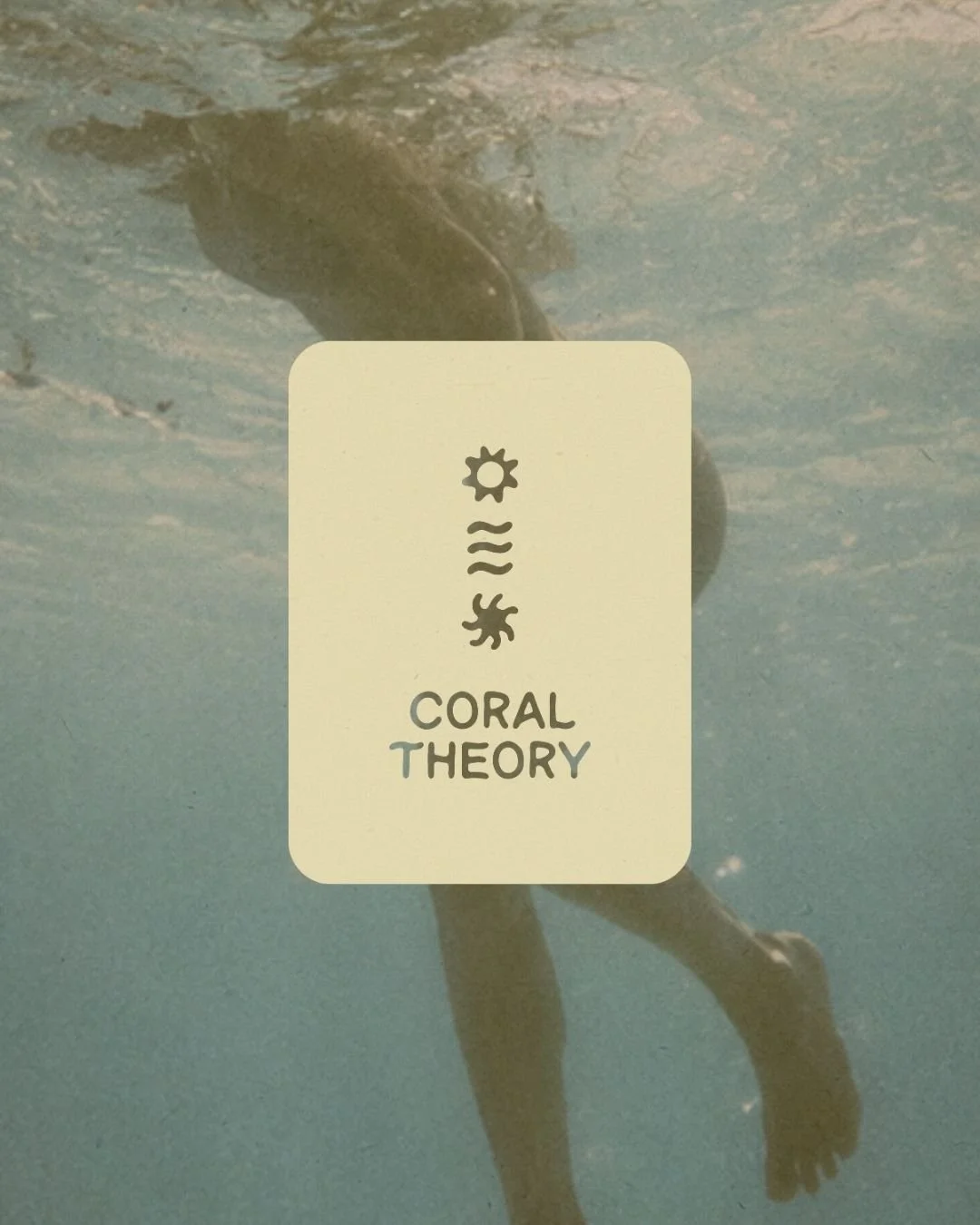 Brand Design for surfwear label. Underwater photo of a person swimming with a sticker overlay that says 'Coral Theory' and symbols representing temperature, waves, and coral.